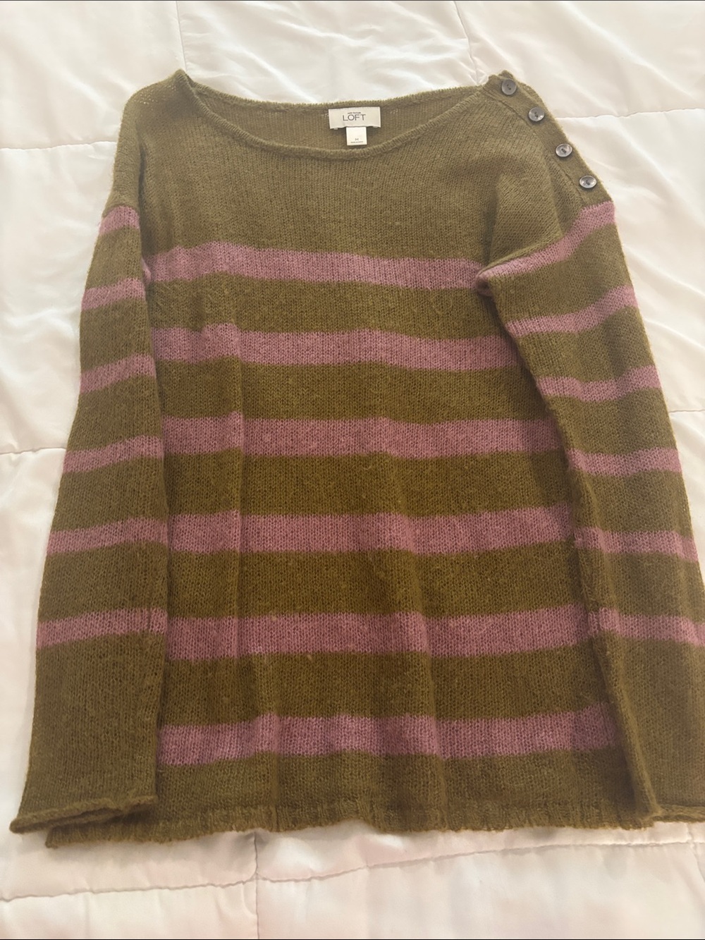 LOFT Olive & Pink Striped Boatneck Sweater with Shoulder Buttons